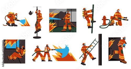 Fireman in uniform. Cartoon firefighter characters in different situations, emergency workers with rescue equipment safety concept. Vector flat set