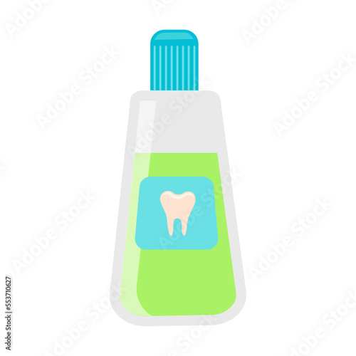 Mouthwash solution. Tool for dental care and oral hygiene. Vector illustration of dentist equipment. Cartoon tooth toothbrush isolated on white