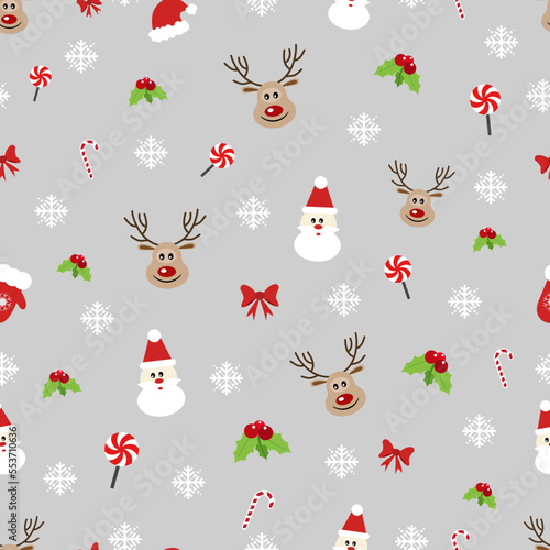A Christmas pattern with recurring Christmas elements on a gray background. Beautiful Christmas vector illustration with a santa in a red cap, deer, sweets, snowflakes and red bows