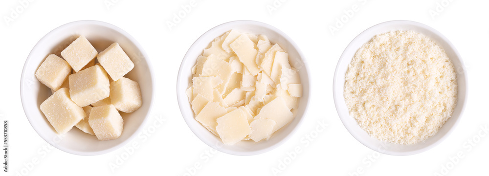 Grana Padano cheese, chunks, flakes and grated, in white bowls. Italian  hard cheese, similar to Parmesan, with a savory flavor and a crumbly,  slightly gritty texture, made from unpasteurized cow milk. Photos |