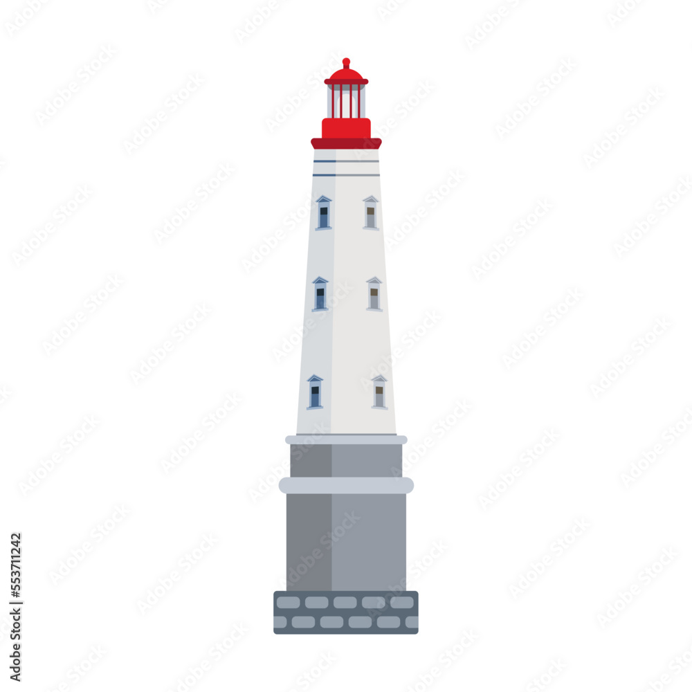 Stone lighthouse vector illustration. Cartoon drawing of seaside tower, nautical beacon isolated on blue background Stone lighthouse vector illustration. Cartoon drawing of seaside tower, nautical beacon isolated on blue background
