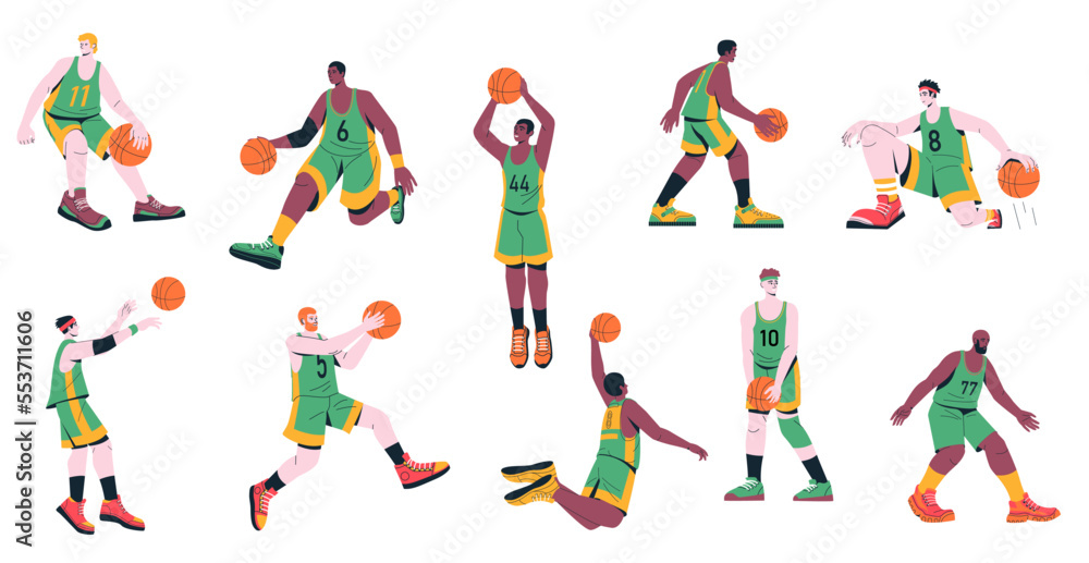 Men basketball players. Set of male characters training throwing ball in basket, sport team in uniform playing game cartoon flat style. Vector collection Men basketball players. Set of male characters training throwing ball in basket, sport team in uniform playing game cartoon flat style. Vector collection