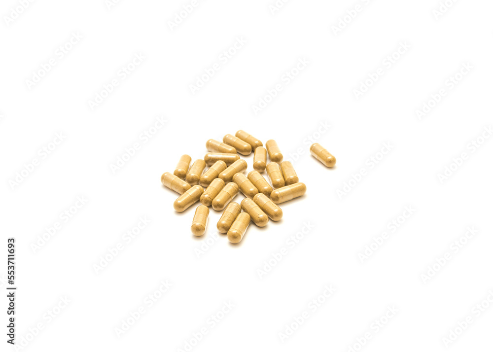 Top view mound of horny goat weed extract in easy to swallow capsules isolated on white background Top view mound of horny goat weed extract in easy to swallow capsules isolated on white background