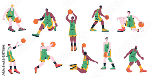 Men basketball players. Set of male characters training throwing ball in basket  sport team in uniform playing game cartoon flat style. Vector collection