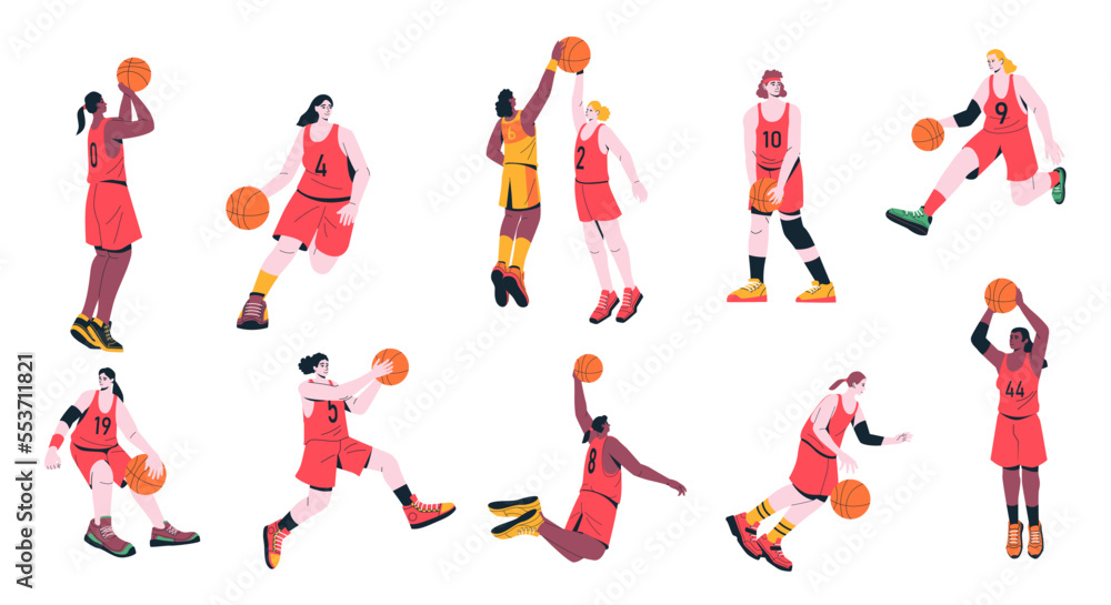 Girl basketball players. Cartoon woman characters playing sport game, female athletes in uniform training throwing ball in basket. Vector colorful set