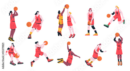 Girl basketball players. Cartoon woman characters playing sport game, female athletes in uniform training throwing ball in basket. Vector colorful set