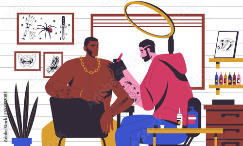 Tattoo salon. Modern studio interior with professional devices and tattooist at work, ink artist with tattooed client cartoon flat style. Vector isolated set