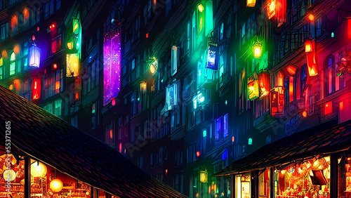 cyberpunk  A Christmas market with stalls selling handmade gifts