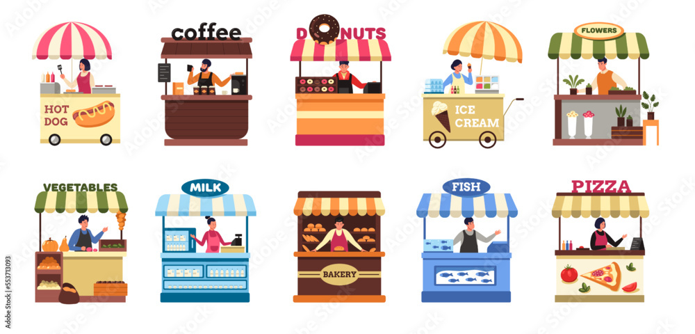 Street vendors. Farm local market food booth and stall with seller, set of fruit vegetable kiosk stands and fish trolley flat cartoon style. Vector collection