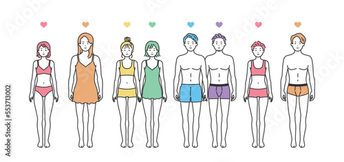 下着姿の多様な性自認(LGBTQ)を持つ人々のイラスト