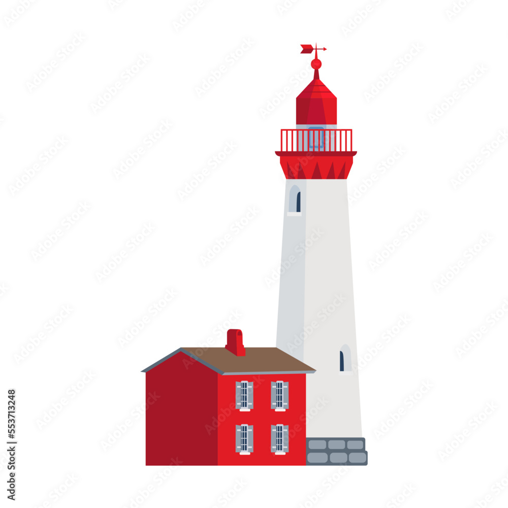 lighthouse vector illustration. Cartoon drawing of seaside tower, nautical beacon isolated on blue background lighthouse vector illustration. Cartoon drawing of seaside tower, nautical beacon isolated on blue background