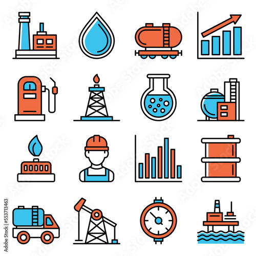 Oil and Gas Industry Icons Set on White Background. Vector