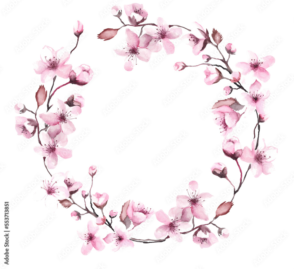Wreath cherry blossom, frame pink sakura, watercolor flowers. Png illustration with transparent background.
