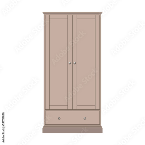 Narrow wooden closed wardrobe. Vector illustration of cabinet with hanging clothes hangers and drawers isolated on white