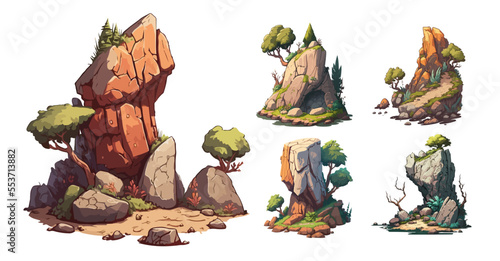 Photo Cartoon vector cliffs and rocks set