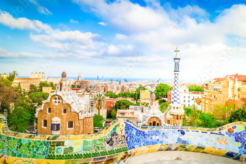 Barcelona cityscape on sunny summer day, travel destination and vacations concept. Park, Barcelona Spain.