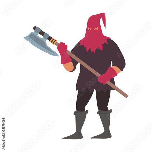 Medieval hooded executioner with ax cartoon illustration. Character of middle age period isolated on white background