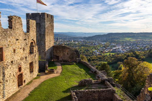 Tela Roetteln castle ruins with a view over Binzen to the Alps, Germany, Europe
