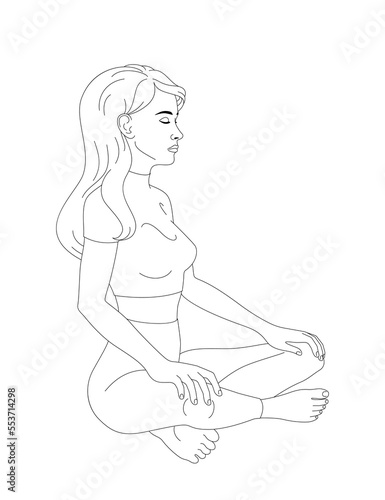 Woman meditates, relaxes, does yoga in the lotus position. Vector illustration. Black line on white isolated background.