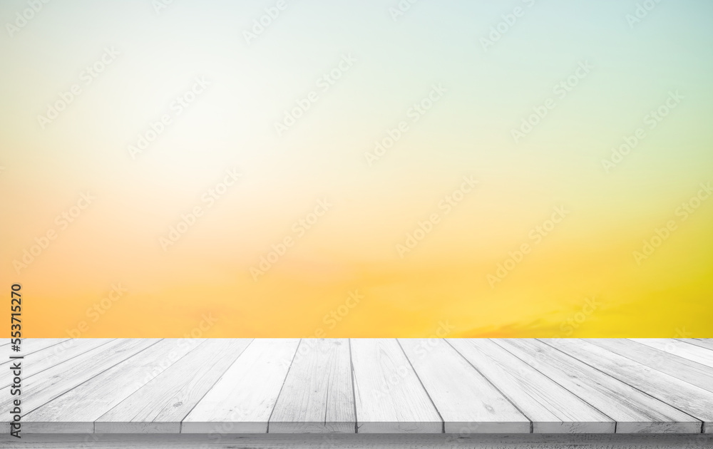 Wooden terrace the blurred and Christmas background concept. Wood white table top perspective in front of natural in the sky with light and mountain blur background image for product display montage.