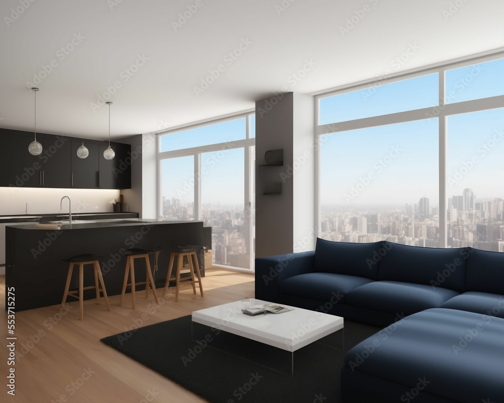 Fototapeta premium Interior of modern design living room with relaxing dining zone with table and chairs, side view, carpet on hardwood floor. Sofa with coffee table