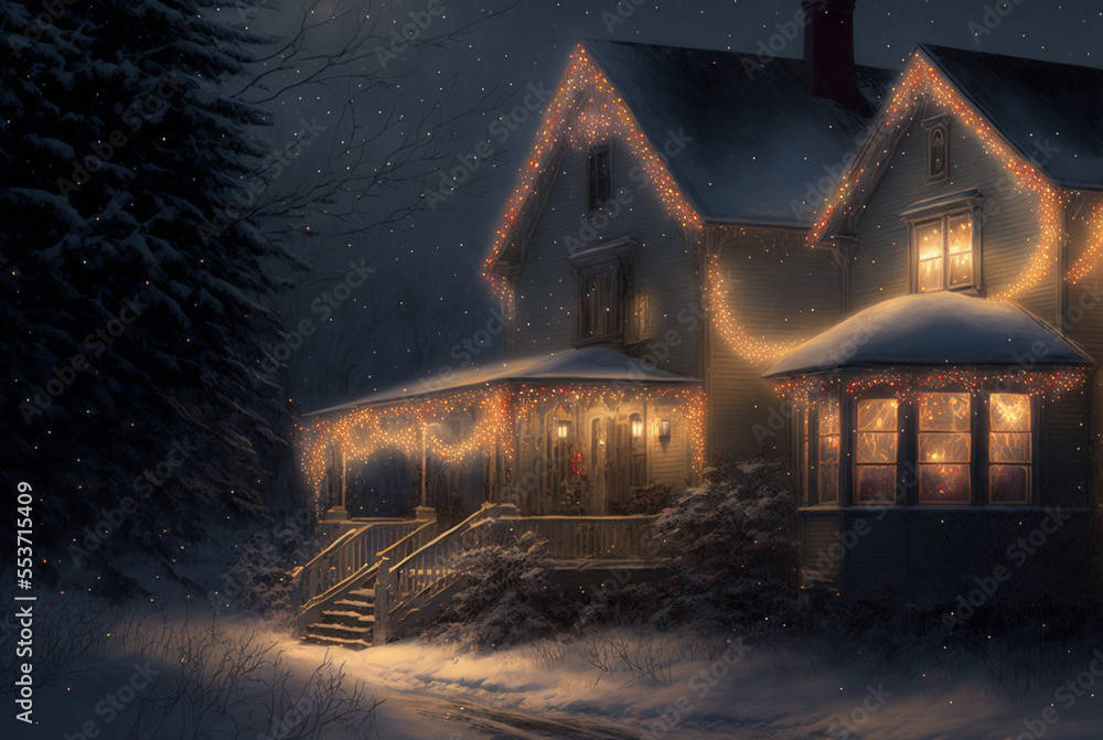 Snowy Christmas house with lights