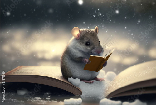 Fototapeta Naklejka Na Ścianę i Meble -  Mouse reading a book in winter