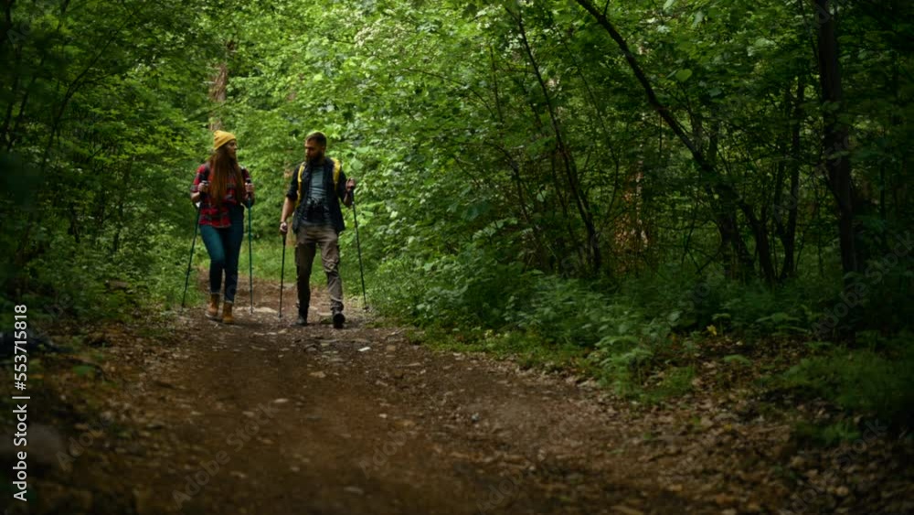 Couple of hikers using trekking poles and wearing backpacks in a forest
