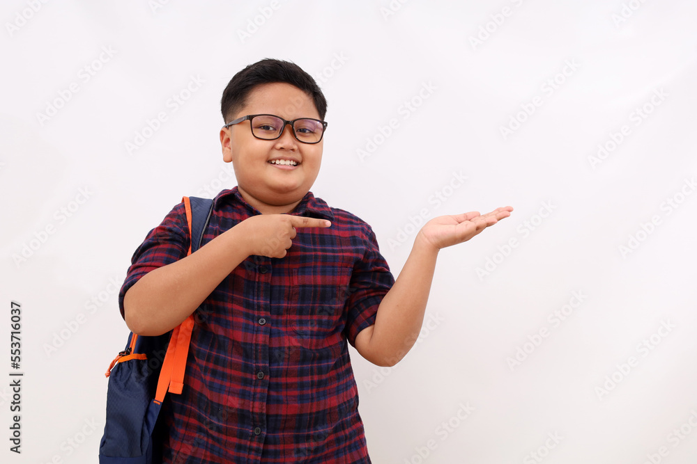 Adorable asian school boy standing while pointing or presenting something. Isolated on white background with copyspace Adorable asian school boy standing while pointing or presenting something. Isolated on white background with copyspace