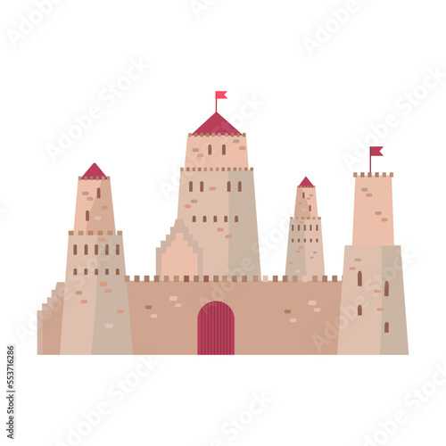 Protected fortified castle cartoon illustration. Gothic architecture, fairytale palace and Medieval fortress isolated on white background