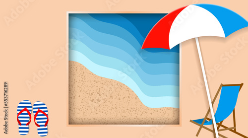 Summer beach. Beach chair, umbrella and beach sandals on the sandy beach. Layered cutout paper style vector illustration
