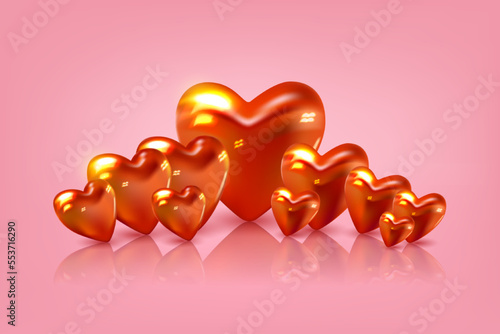 3D Red hearts row with reflections. Vector illustration. Banner, poster, greeting card for Valentines, Wedding, Morher day photo