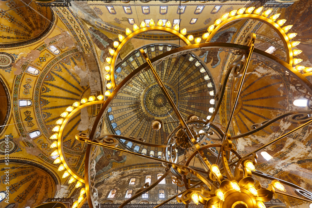 St. Sophia mosque interior dome and lamps. Historic Istanbul, Turkey