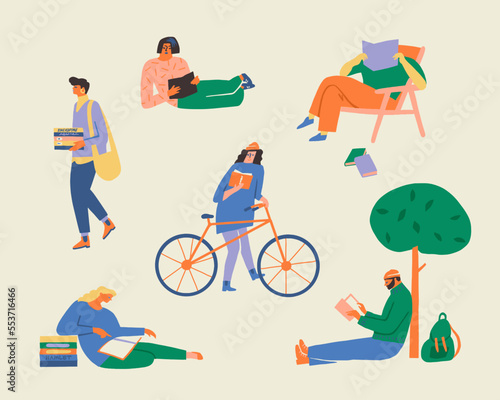 People reading books in bookstore or students studying, doing homework in the park or at home. Set of book lovers illustrations.