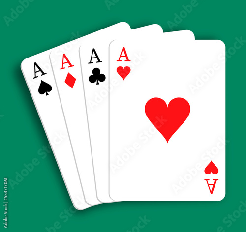 Set of 4 aces of playing cards of different suits. Diamonds, Hearts, Clubs, Spades. Combination of four kinds in poker. Realistic vector isolated on green background