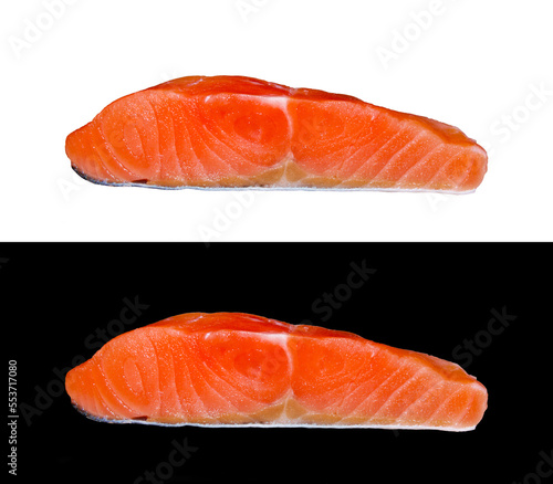 A set of two steak of salmon isolated on white and black background