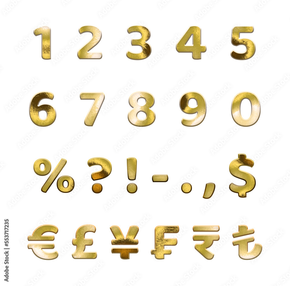 Obraz premium Golden numbers set. Gold metallic font, isolated on transparent background. Beautiful typography metal design for decoration. Symbol elegance royal graphic. Modern fashion signs