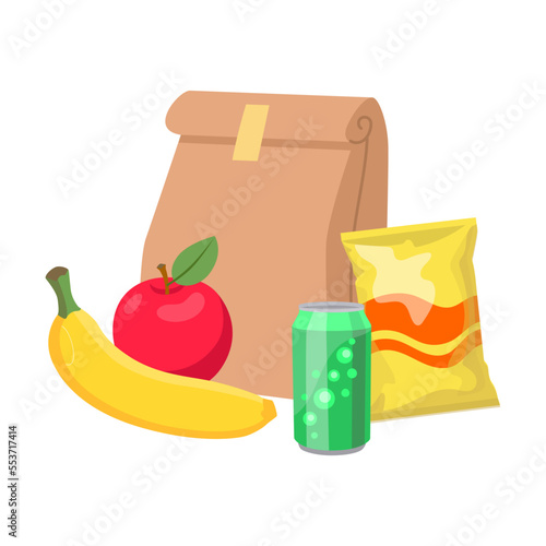 Lunch boxes for kids with muffins, juice, cookies and apples isolated on white background
