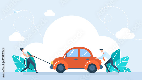 Car breakdown. A woman pulls a car on a cable. The man is pushing the car. Auto purchase concept. Problems on the way. Auto loan, installment plan. Broken car. Flat style. Vector illustration