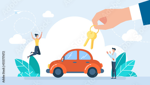 Car showroom. Purchase sale or rental car. Seller man hands over the keys of the auto owner. Buying or renting auto. People rent a car. Dealer giving keys chain to a buyer hand. Vector illustration