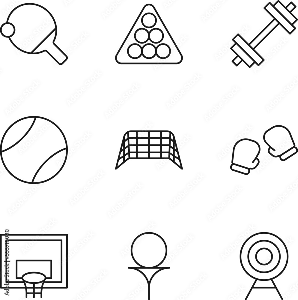 Collection of nine line icons of tennis rocket, billiard, weight