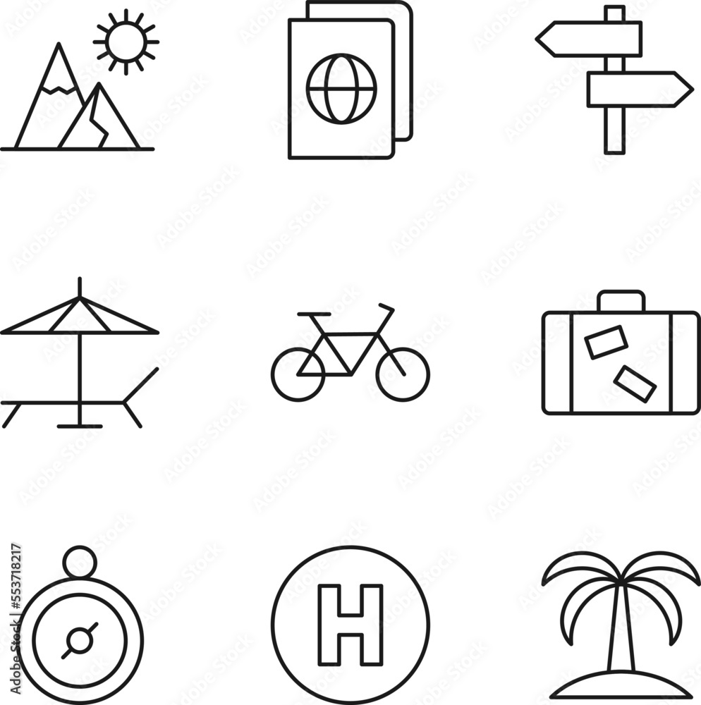 Fototapeta premium Collection of nine line icons of mountain, ticket, direction point, deckchair, bicycle, suitcase, palm, hotel for shops, stores, adverts, apps, ui. Minimalistic editable strokes