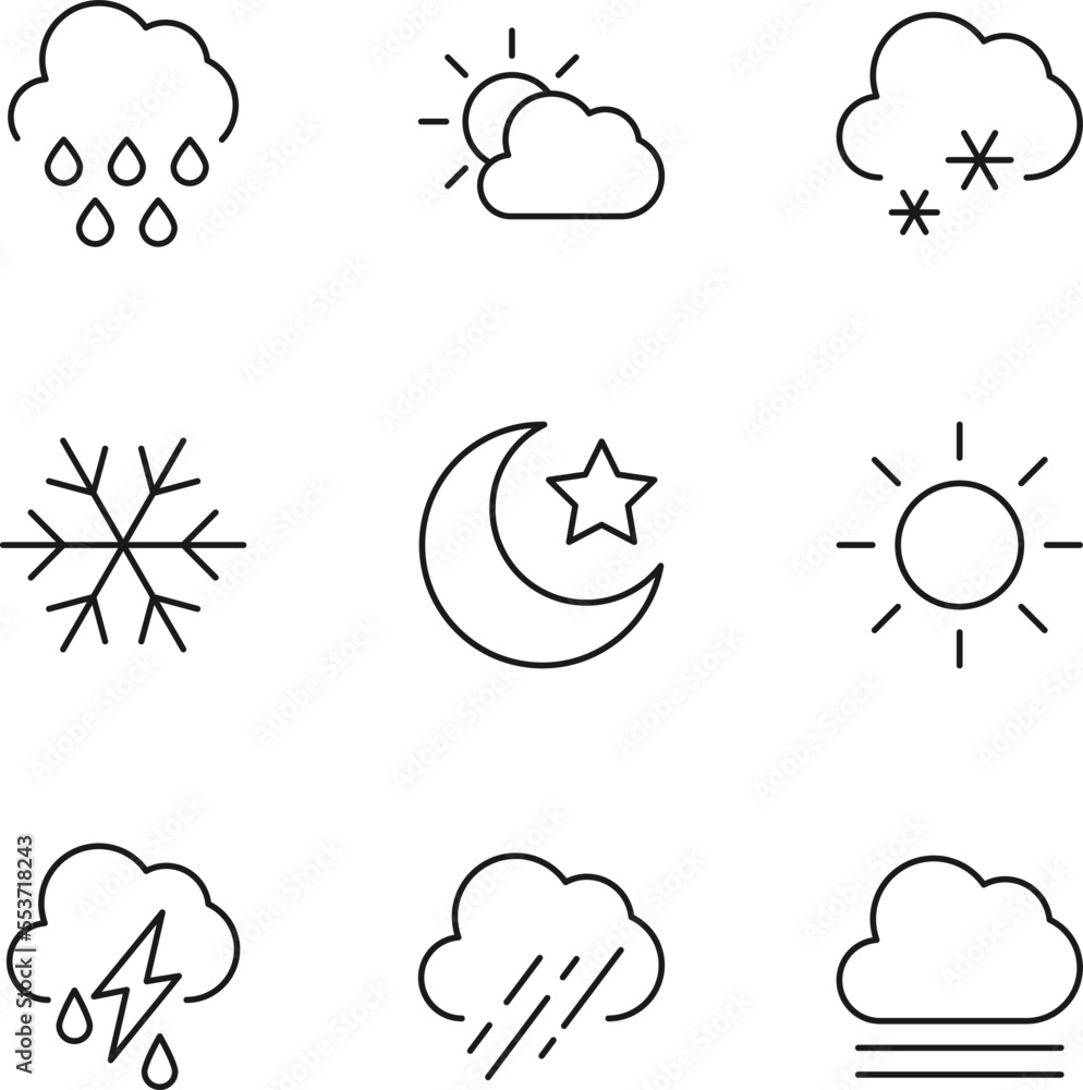 Collection of nine line icons of rain, sun over cloud, snow, star by