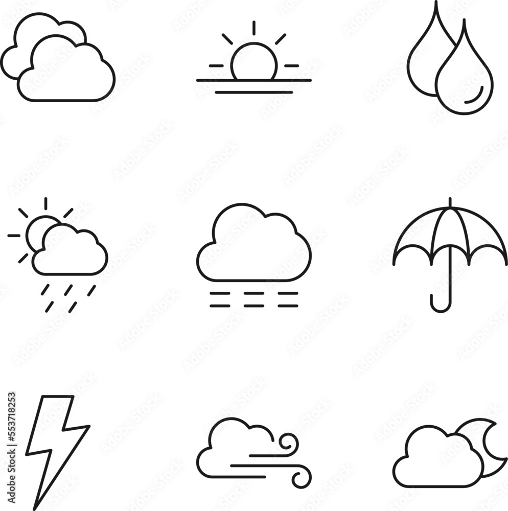 Collection of nine line icons of sun, rain, umbrella, lightning, wind for shops, stores, adverts, apps, ui. Minimalistic editable strokes Collection of nine line icons of sun, rain, umbrella, lightning, wind for shops, stores, adverts, apps, ui. Minimalistic editable strokes