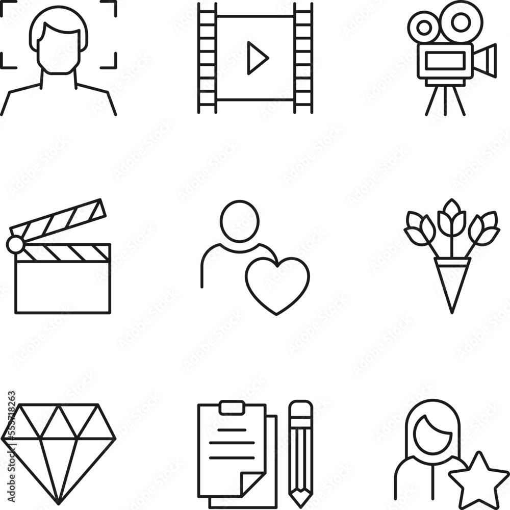 Collection of nine line icons of actor, film, clapper board, bouquet
