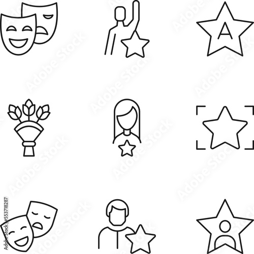 Collection of nine line icons of theatrical masks, actor, bouquet, woman for shops, stores, adverts, apps, ui. Minimalistic editable strokes