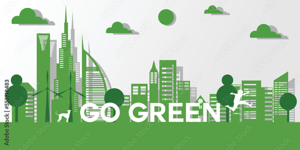 World environmet day, flat style go green and save the world with cities, hands, and plants environmental campaign illustration for banner and social media post