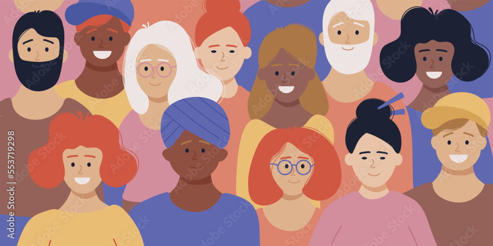Multiracial and multicultural group of people, crowd. Happy people standing together of different races. Social diversity. Flat cartoon vector illustration. Multiracial and multicultural group of people, crowd. Happy people standing together of different races. Social diversity. Flat cartoon vector illustration.