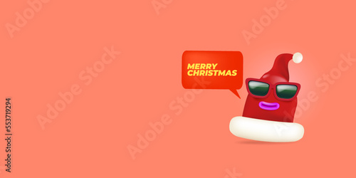 Vector cartoon monster Santa Claus red hat character with sunglasses and speech bubble isolated on peach background. Merry Christmas greeting card, poster and banner with funny Santa Claus hat