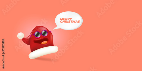 Vector cartoon monster Santa Claus red hat character with sunglasses and speech bubble isolated on peach background. Merry Christmas greeting card, poster and banner with funny Santa Claus hat